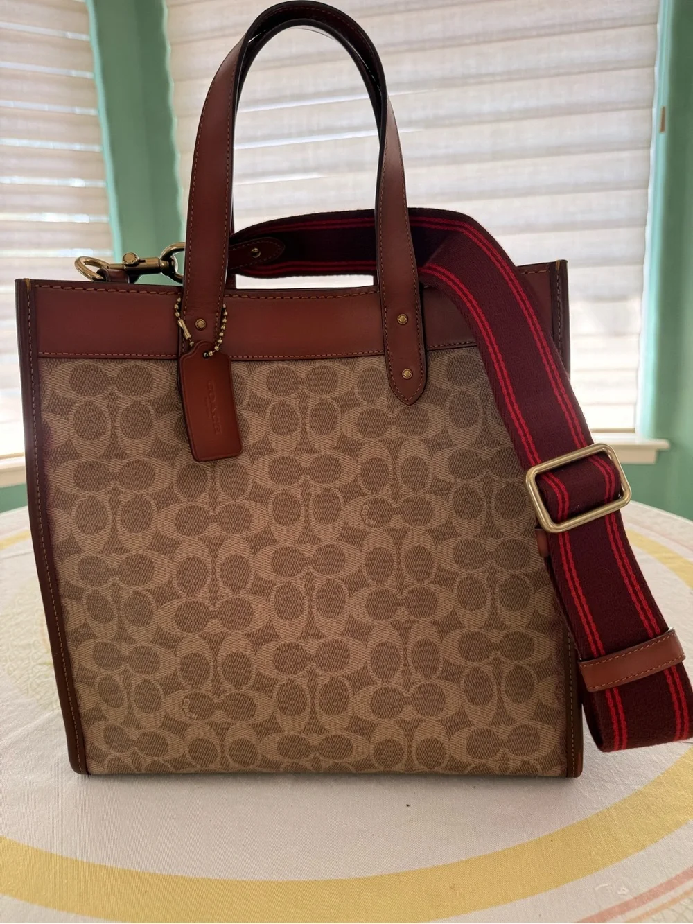 Coach Brown Canvas Shoulder Bag, Leather Trims, with Red Strap